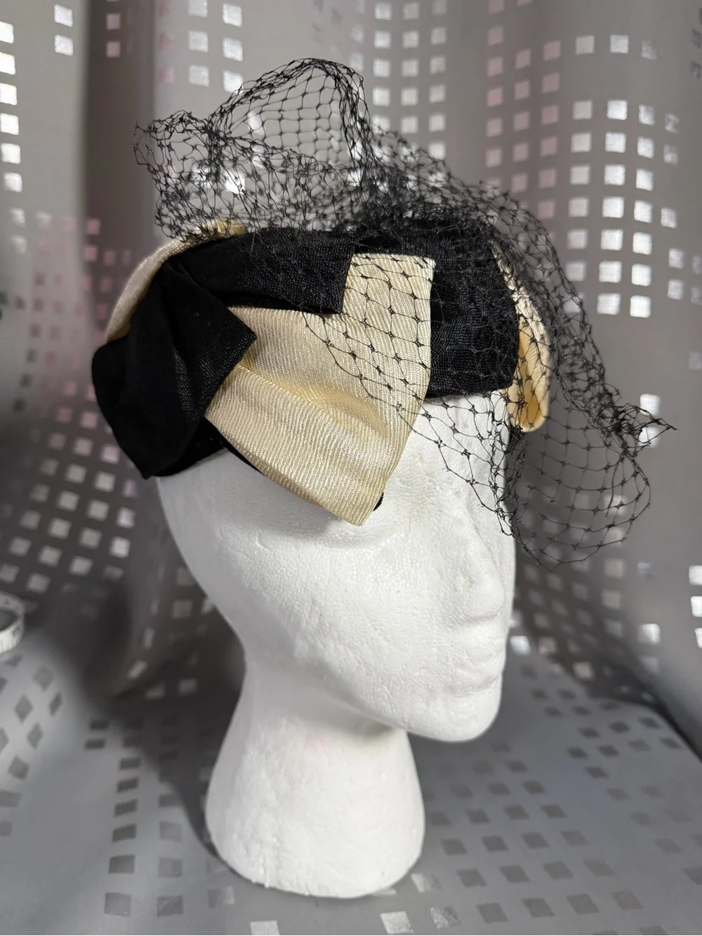 Vintage Black and Cream Fascinator Pillbox Hat with Birdcage Veil